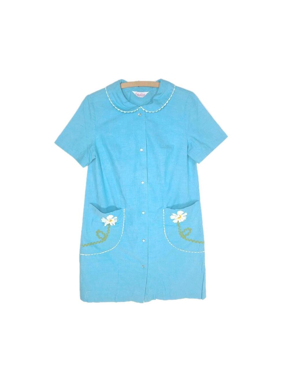 Vintage 60s Daisy Dress Snap Front L Cotton Canvas Appliques Mod Evelyn Pearson